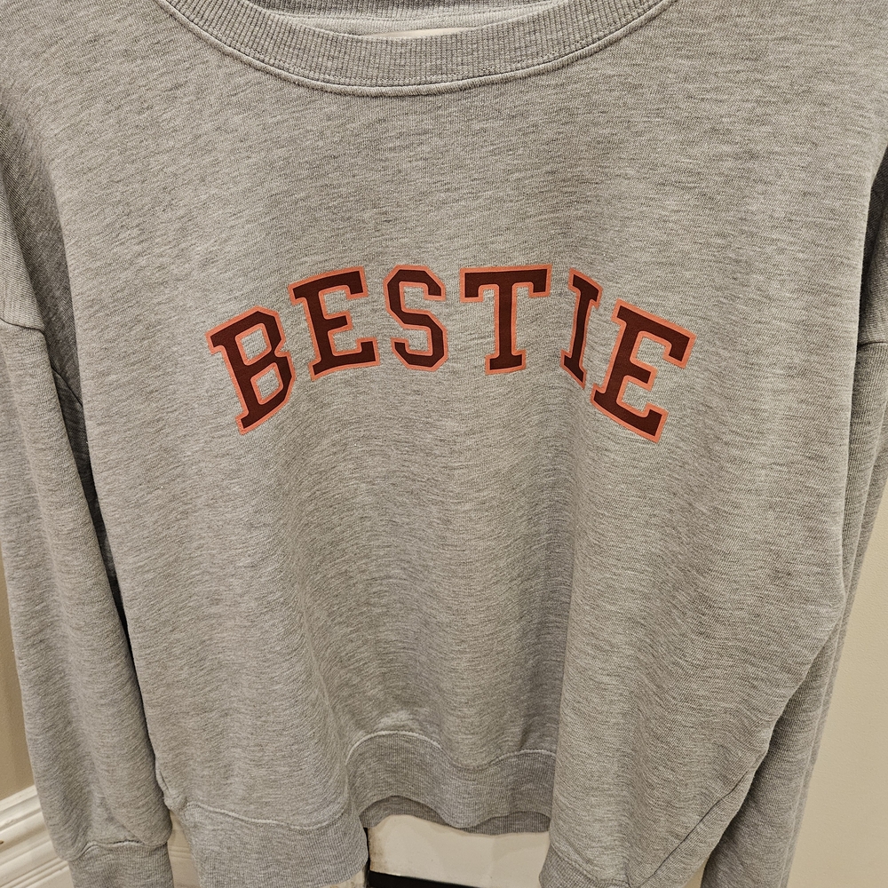 LOFT Gray Crewneck Sweatshirt with Orange-Trim BESTIE Graphic